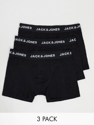 Jack & Jones 3 Pack Trunks With Logo Waistband In Black