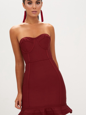 Dark Red Bandage Frill Hem Bodycon Dress