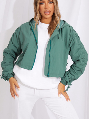 Teal Ruched Sleeve Cropped Hooded Windbreaker