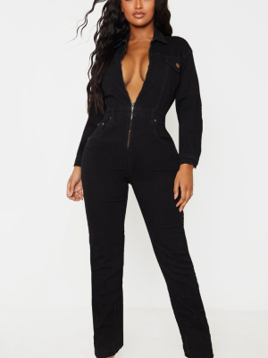 Shape Black Denim Zip Front Jumpsuit