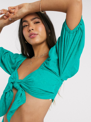 Billabong X Sincerely Jules Amaze The Day Tie Crop Top In Jacquard Green