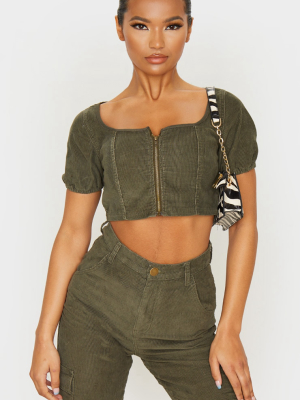 Khaki Cord Zip Through Denim Crop Top