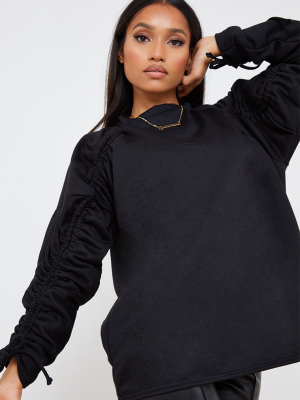 Petite Black Ruched Sleeve Oversized Sweater