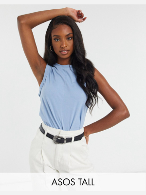 Asos Design Tall Oversized Tank With Roll Sleeve And Seam Detail In Blue