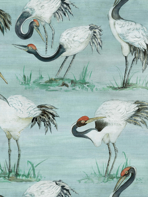 Cranes Wallpaper In Aqua From The Mansfield Park Collection By Osborne & Little