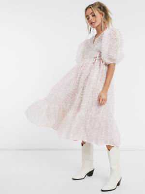 Dream Sister Jane Midi Wrap Dress With Volume Sleeves And Tiered Skirt In Texture