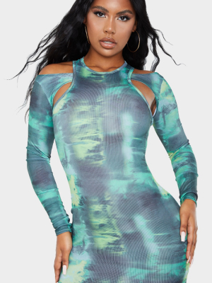 Green Tie Dye Ribbed Cut Out Sleeve Detail...