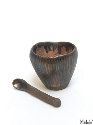 Tiny Peach And Bronze Glaze Clay Salt Cellar With Spoon