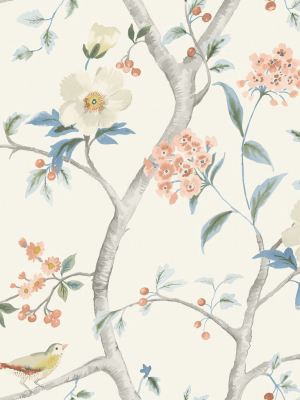Southport Floral Trail Wallpaper In Eggshell, Melon, And Carolina Blue From The Luxe Retreat Collection By Seabrook Wallcoverings