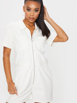 White Zip Up Pocket Short Denim Romper