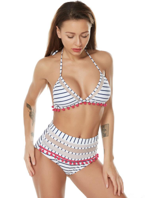 Striped High Waist Pompon Triangle Brazilian Two Piece Bikini Swimsuit