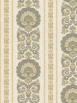 Ornate Fanned Damask Stripe Wallpaper In Silver And Gold From The Caspia Collection By Wallquest