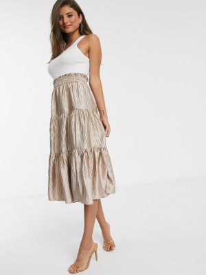 Asos Design Satin Tiered Midi Skirt In Beige