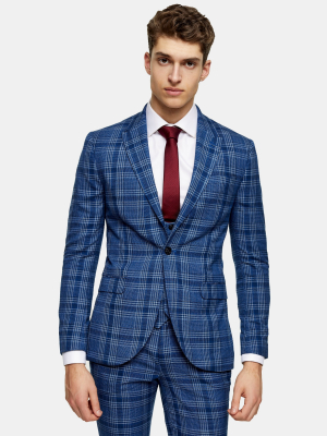 2 Piece Blue Check Skinny Fit Double Breasted Suit With Peak Lapels