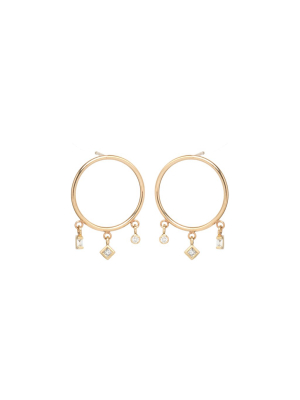 14k Small Circle Earrings With Princess, Baguette And Bezel Diamonds