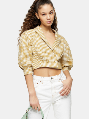 Camel Gingham Puff Sleeve Blazer