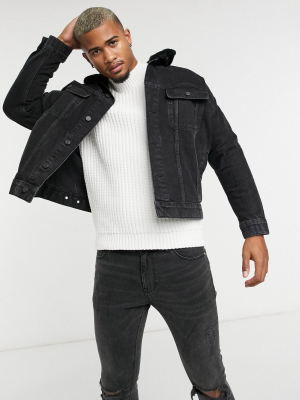 Asos Design Oversized Denim Jacket With Detachable Teddy Collar In Washed Black