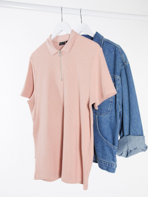 Asos Design Short Sleeve Polo In Waffle With Zip In Pink