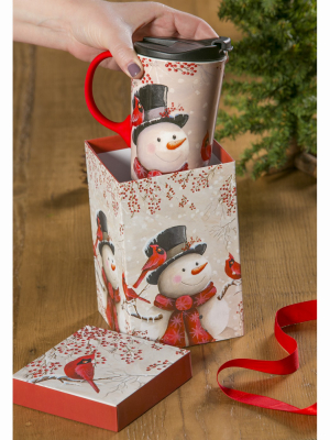 Cypress Home Beautiful Snowman And Cardinal Ceramic Travel Cup With Matching Box - 4 X 5 X 7 Inches Indoor/outdoor Home