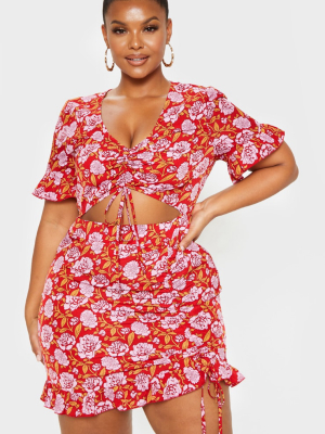 Plus Red Floral Ruched Detail Cut Out Bodycon...