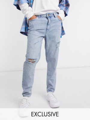 Collusion X003 Tapered Jeans With Ripped Knee In Stonewash Blue