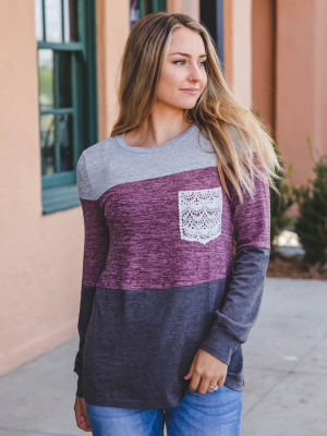 The Lace Pocket Colorblock Top - Gray/purple/charcoal