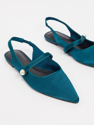 Asos Design Lacey Mary Jane Slingback Ballets In Teal Satin