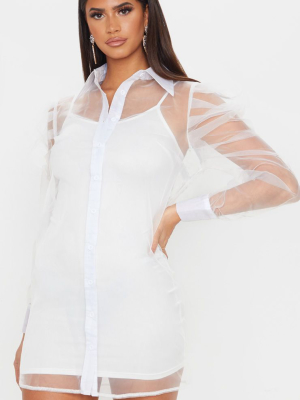 White Puff Shoulder Organza Shirt Dress