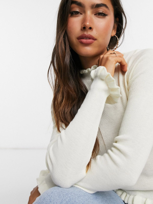 Asos Design Sweater With High Neck And Frill Detail In Cream