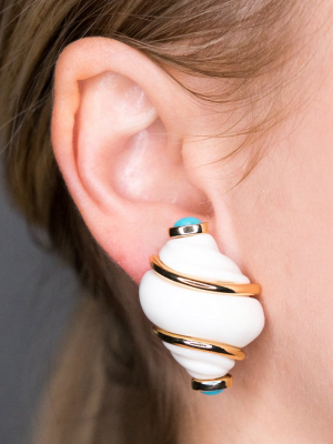 Polished Gold White Shell With Turquoise Tip Clip Earrings