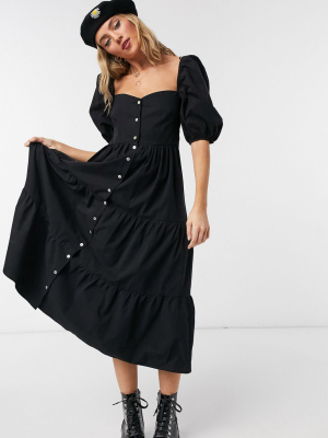 Bershka Button Down Tiered Poplin Smock Dress In Black