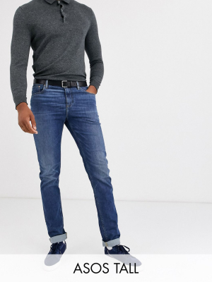 Asos Design Tall Slim Jeans In Dark Wash Blue