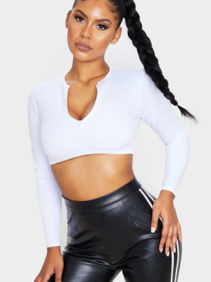 White Bonded Scuba Zip Long Sleeve Crop Top