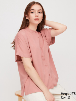 Women Rayon Stand Collar Short-sleeve Blouse