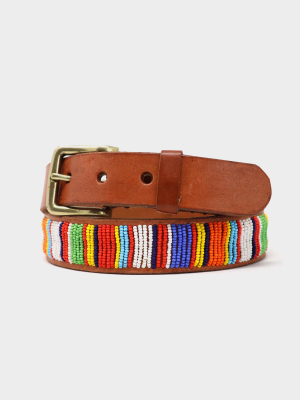 Vertical Full Beaded Stripe Leather Belt | Multi On Tan Leather