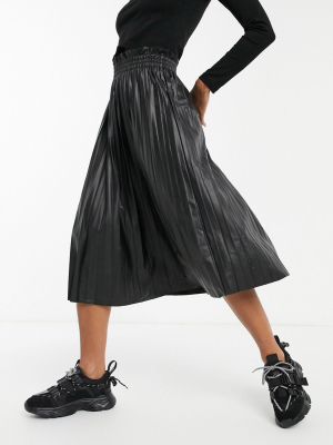 Vero Moda Exclusive Pleated Leather Look Midi Skirt In Black