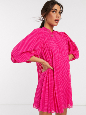 Asos Design Pleated Trapeze Mini Dress With Puff Sleeves In Dobby In Hot Pink