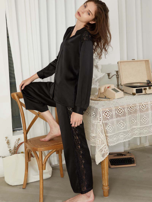 Lace-trimmed Silk Satin Pajama Set-black