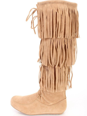 Baylee10 Beige Knee High Lace Up Multi Layer Fringe Boot