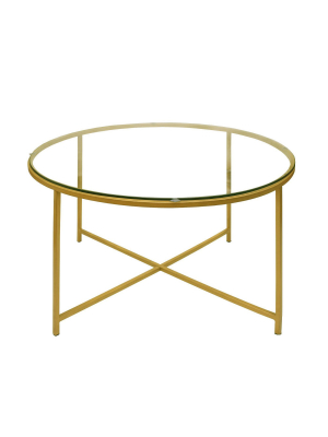 Metal Coffee Table With Glass Top And X Shape Base Gold And Clear - The Urban Port