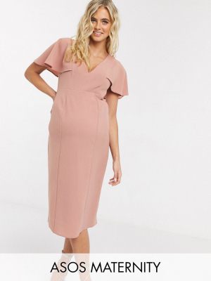 Asos Design Maternity Angel Sleeve V Neck Midi Shift Dress In Pink