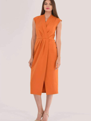 Orange Pleated Wrap Pencil Dress