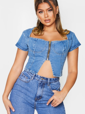 Vintage Wash Corset Zip Through Detail Denim Top