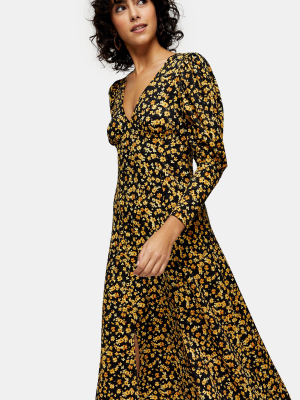 Mustard Ditsy V Neck Textured Midi Dress