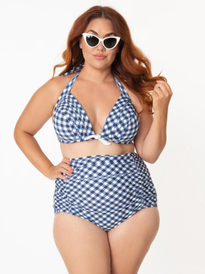 Unique Vintage Plus Size Navy & White Gingham Monroe Halter Swim Top