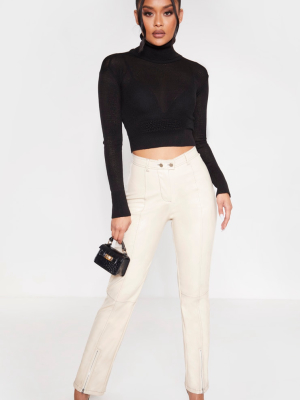 Cream Contrast Stitch Pu Straight Leg Pants