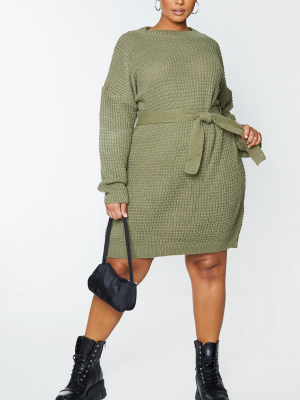 Plus Khaki Soft Touch Belted Knitted Sweater Dress