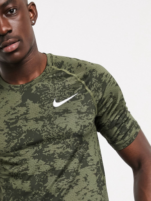 Nike Pro Training All Over Camo Print Baselayer T-shirt In Green