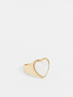 Asos Design Chunky Ring With Opal Heart Stone In Gold Tone