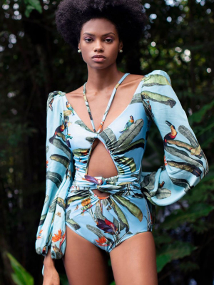 Puff Sleeve Tropical Print Cutout V Neck One Piece Swimsuit